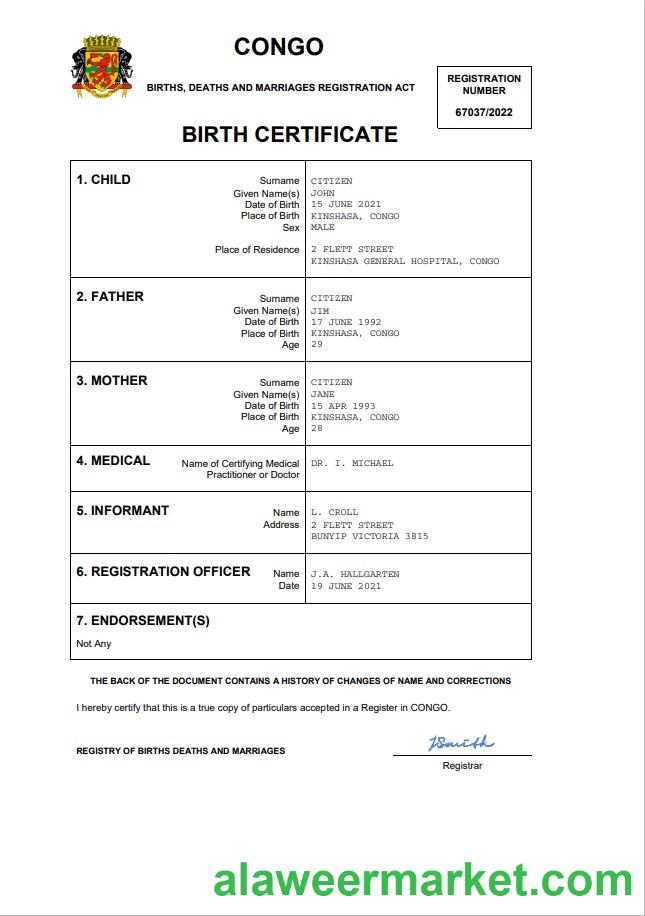 Congo vital record birth certificate Word and PDF template